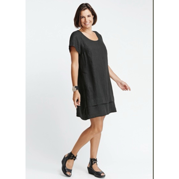 Flax Designs One Tuck Wonderful 100% Linen Dress Large Black Lagenlook Oversized - Picture 1 of 9